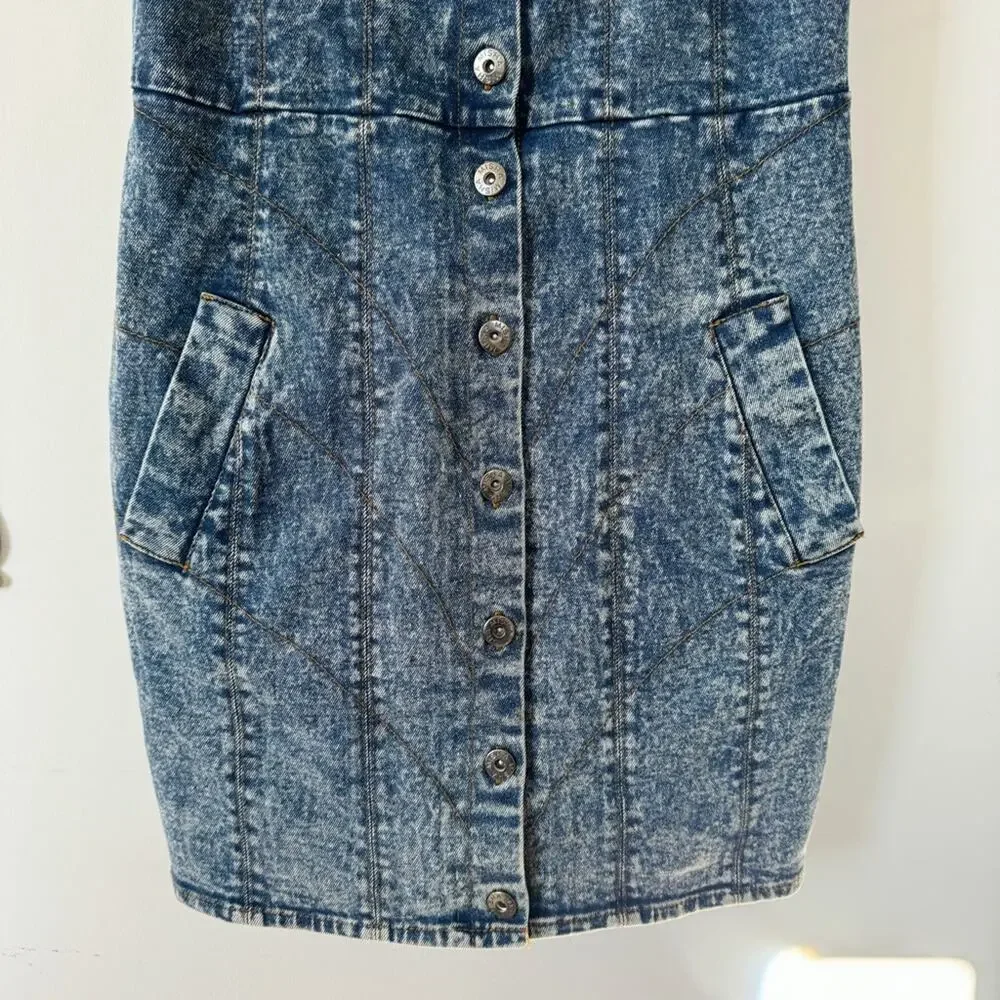 Misha Trisha Acid Wash Blue Denim Off The Shoulder Ruffle Mini Dress 10 - Picture 9 of 13
